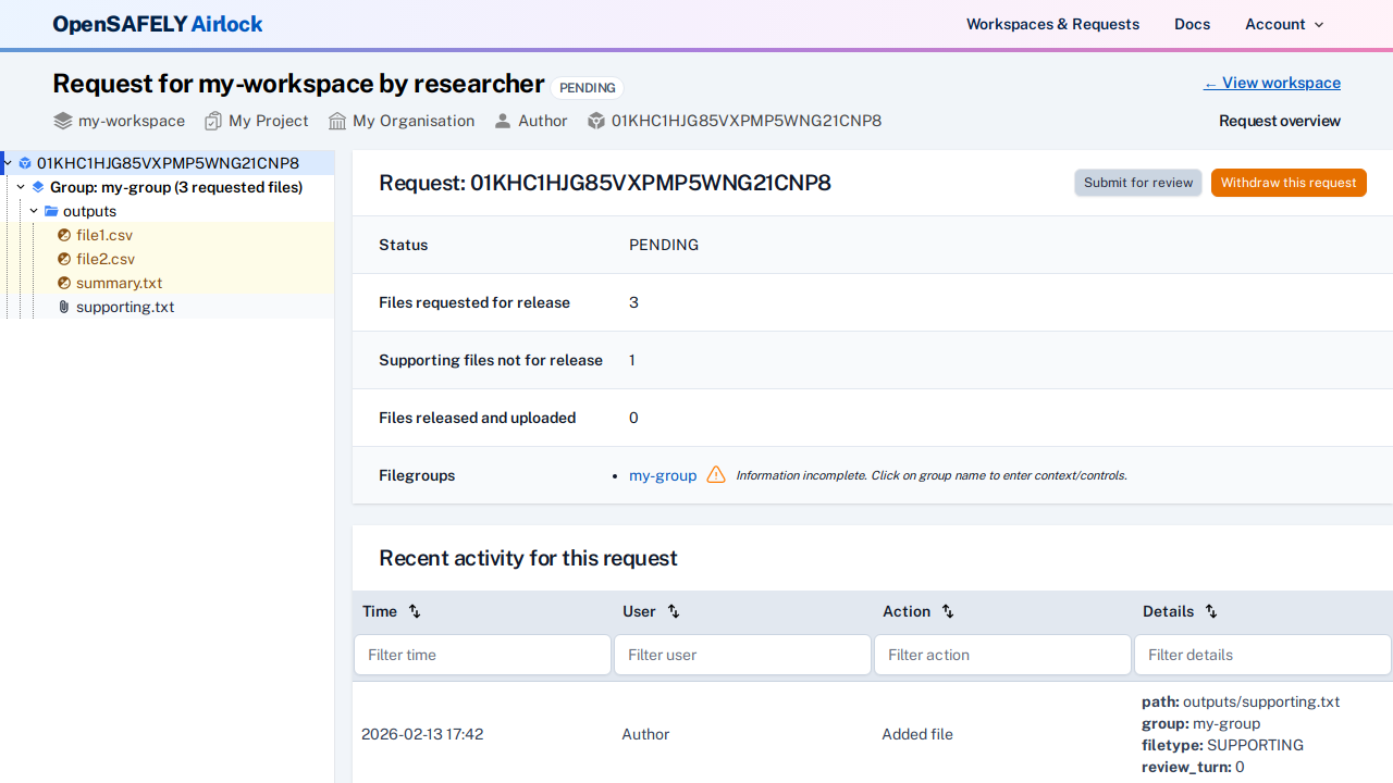 Incomplete file group in request overview